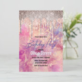 Invitation Chic rose bleu rose holographique goutte à goutte (Debout devant)