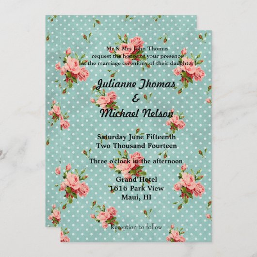 Invitation Chic Rose Blue Vintage Wedding (Devant / Derrière)