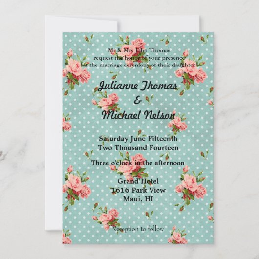 Invitation Chic Rose Blue Vintage Wedding (Devant)