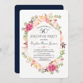 Invitation Chic Rose Blush Floral Navy Blue Anniversaire (Devant / Derrière)