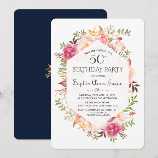 Invitation Chic Rose Blush Floral Navy Blue Anniversaire (Devant / Derrière)