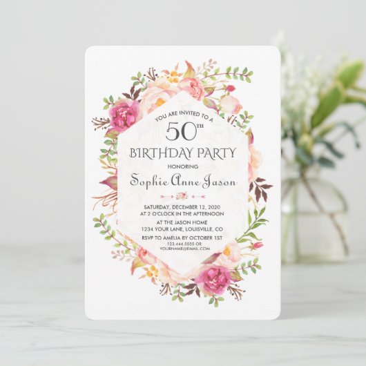 Invitation Chic Rose Blush Floral Navy Blue Anniversaire (Debout devant)