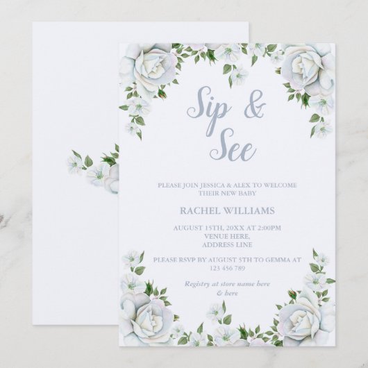 Invitation Chic Rose Bordure Sip & See (Devant / Derrière)