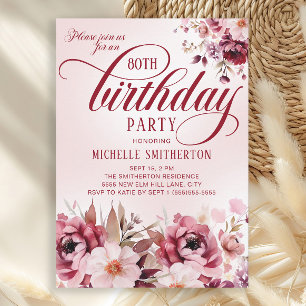 Invitation Chic rose Bourgogne flamme florale 80e anniversair