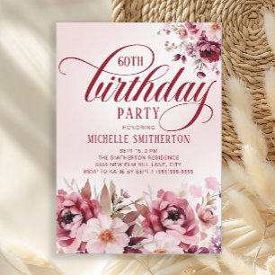 Invitation Chic Rose Bourgogne Floral Glam 60e Anniversaire
