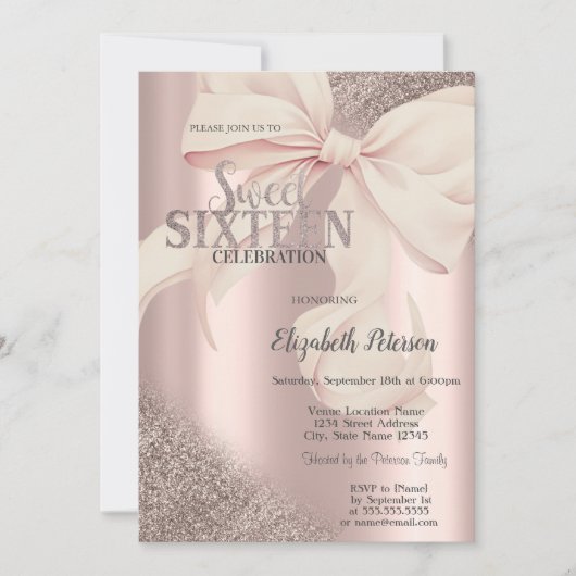 Invitation Chic Rose Bow Or Rose Gold Sweet 16 (Devant)