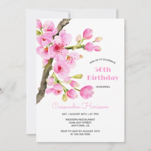 Invitation Chic rose cerisier fleurs Sakura fête d'anniversai (Devant)