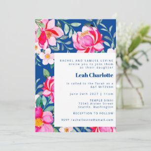 Invitation Chic Rose Chaud Bleu Floral Aquarelle Bat Mitzvah
