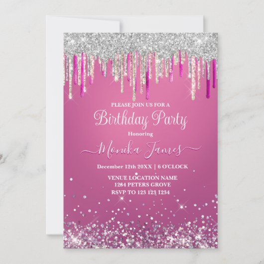Invitation Chic Rose Chaud Glitter Argent Monogramme (Devant)
