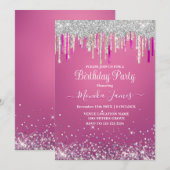 Invitation Chic Rose Chaud Glitter Argent Monogramme (Devant / Derrière)