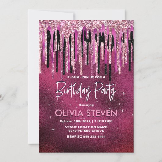 Invitation Chic rose chaud noir gouttes parties scintillant m (Devant)
