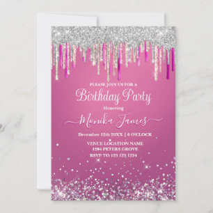Invitation Chic Rose Chaud Paillettes Argent Monogramme