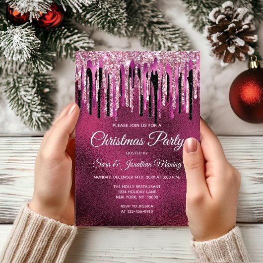 Invitation Chic rose chaude gouttes noir parties scintillant