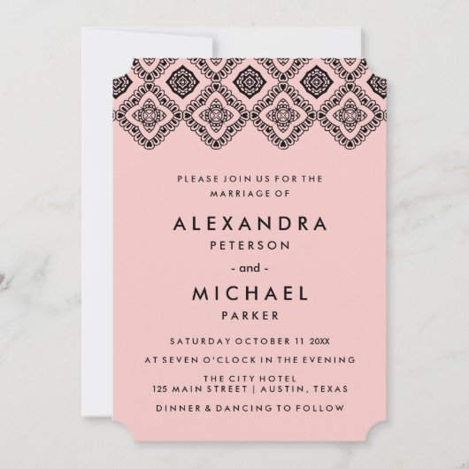 Invitation Chic rose doux et Mariage noir Motif oriental (Devant)