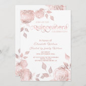 Invitation Chic Rose élégant roses or Quinceañera (Devant / Derrière)