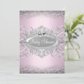 Invitation Chic rose et argent Damask Baby shower Princess (Debout devant)