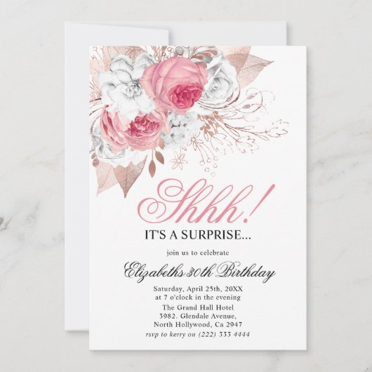 Invitation Chic rose et blanc Floral Surprise fête d'annivers (Devant)