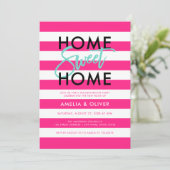 Invitation Chic rose et blanc rayures Black House Party (Debout devant)