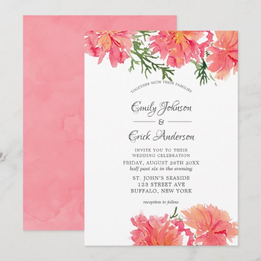 Invitation Chic rose et corail aquarelle Mariage Dahlias (Devant / Derrière)