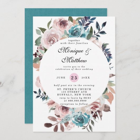 Invitation Chic rose et Turquoise Aquarelle Mariage Peony (Devant / Derrière)