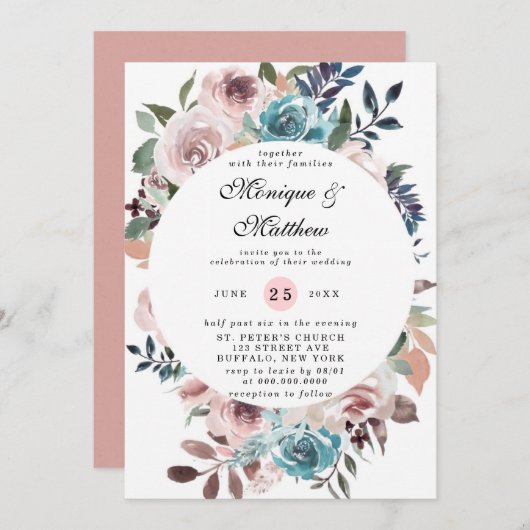 Invitation Chic rose et Turquoise aquarelle Peony Mariage Inv (Devant / Derrière)