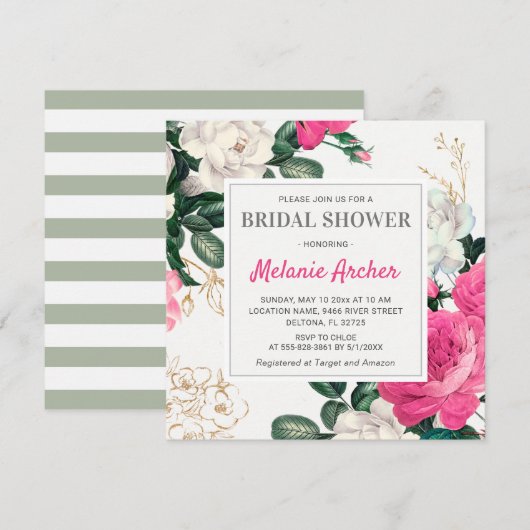 Invitation Chic rose Fête des mariées Aquarelle Peony Roses (Devant / Derrière)