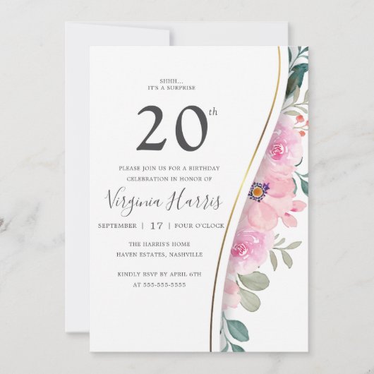 Invitation Chic rose feuillage floral Vingt-20e anniversaire (Devant)