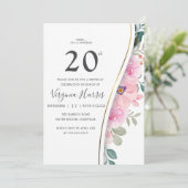Invitation Chic rose feuillage floral Vingt-20e anniversaire (Debout devant)
