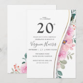 Invitation Chic rose feuillage floral Vingt-20e anniversaire (Devant / Derrière)