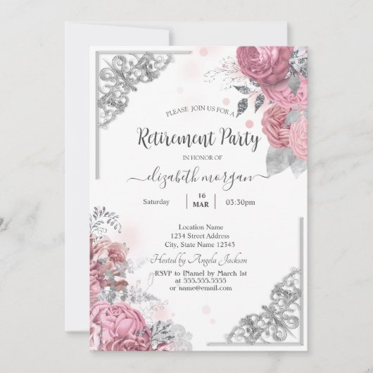 Invitation Chic Rose Fleurs Argent Frame Retraite (Devant)