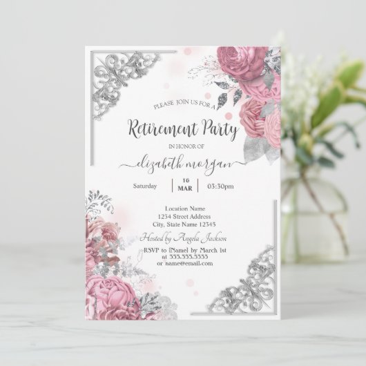 Invitation Chic Rose Fleurs Argent Frame Retraite (Debout devant)