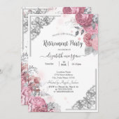 Invitation Chic Rose Fleurs Argent Frame Retraite (Devant / Derrière)