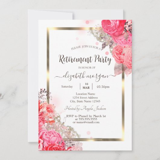 Invitation Chic Rose Fleurs Gold Frame Retraite (Devant)