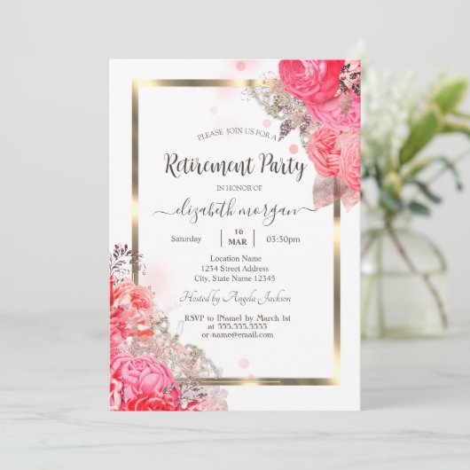 Invitation Chic Rose Fleurs Gold Frame Retraite (Debout devant)