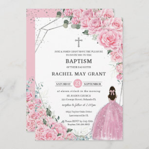 Invitation Chic rose floral argent fille Baptême Christening