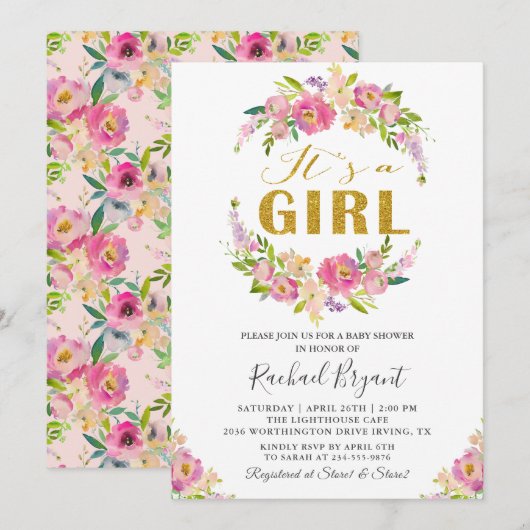 Invitation Chic rose floral C'est un Baby shower de fille (Devant / Derrière)