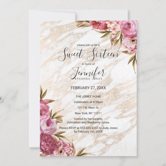 Invitation Chic rose Floral Gold Marble Sweet 16 (Devant)