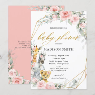 Invitation Chic rose Floral Jungle Animaux Baby shower fille
