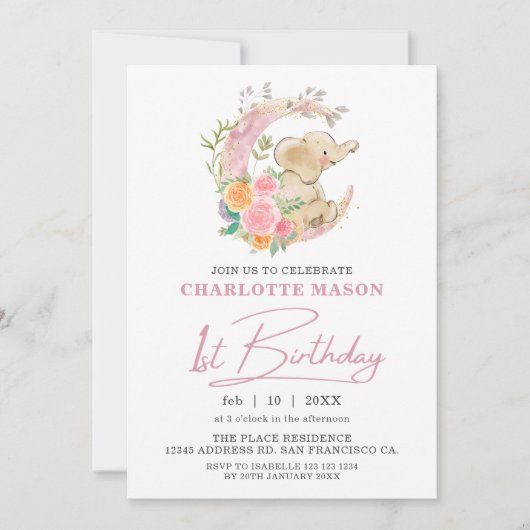 Invitation Chic rose floral lune fille Eléphant 1er anniversa (Devant)