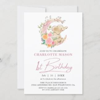 Invitation Chic rose floral lune fille Eléphant 1er anniversa