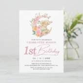 Invitation Chic rose floral lune fille Eléphant 1er anniversa (Debout devant)