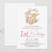 Invitation Chic rose floral lune fille Eléphant 1er anniversa (Devant / Derrière)