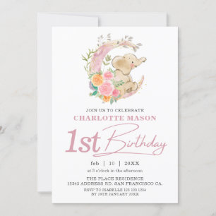 Invitation Chic rose floral lune fille Eléphant 1er anniversa