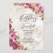 Invitation Chic rose floral marbre or fête d'anniversaire (Devant / Derrière)