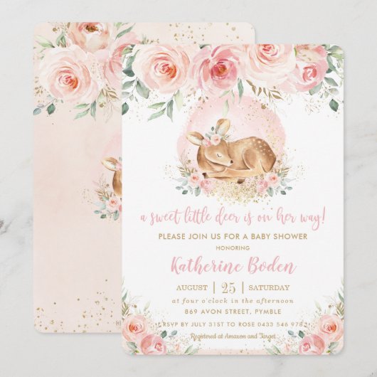 Invitation Chic rose floral mignon bébé cerf Baby shower fill (Devant / Derrière)