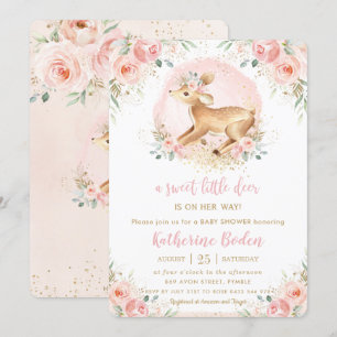 Invitation Chic rose Floral mignon Cerf Baby shower Fille