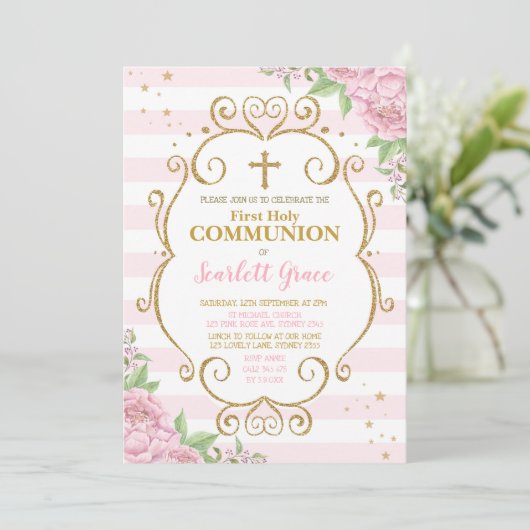 Invitation Chic rose Floral Première Sainte Communion Princes (Debout devant)