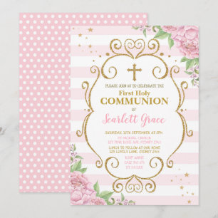 Invitation Chic rose Floral Première Sainte Communion Princes