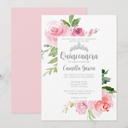 Invitation Chic rose Floral Quinceañera Silver Tiara Party (Devant / Derrière)