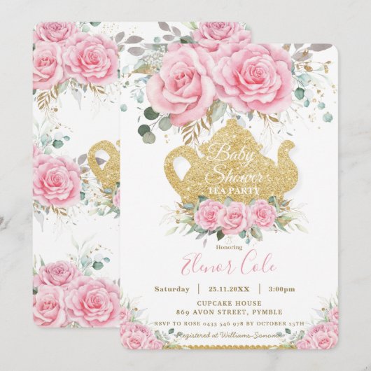 Invitation Chic Rose Floral Rose Baby shower High Tea Party (Devant / Derrière)